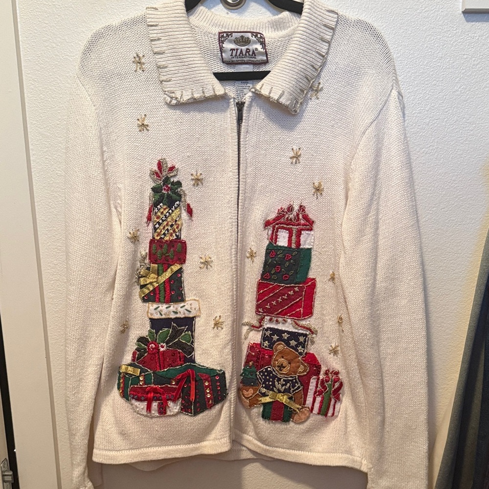 Tiara Women's Cream Cardigan with Festive Embroidery